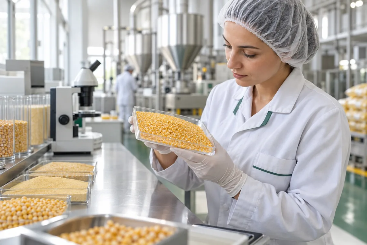Quality control specialist inspecting corn grits